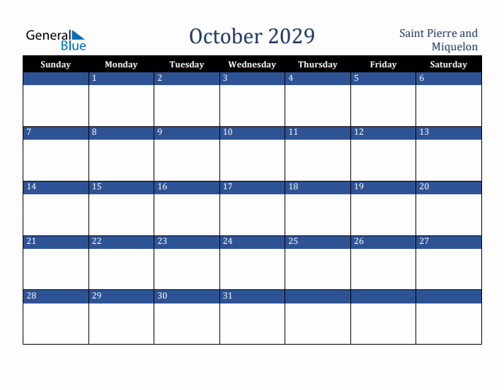 October 2029 Saint Pierre and Miquelon Calendar (Sunday Start)