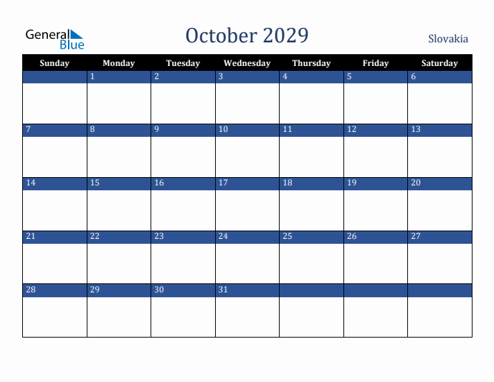 October 2029 Slovakia Calendar (Sunday Start)
