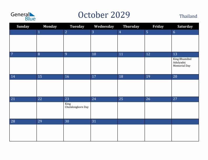 October 2029 Thailand Calendar (Sunday Start)