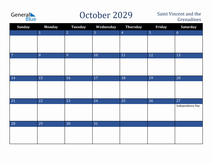 October 2029 Saint Vincent and the Grenadines Calendar (Sunday Start)
