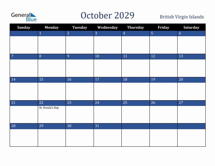 October 2029 British Virgin Islands Calendar (Sunday Start)