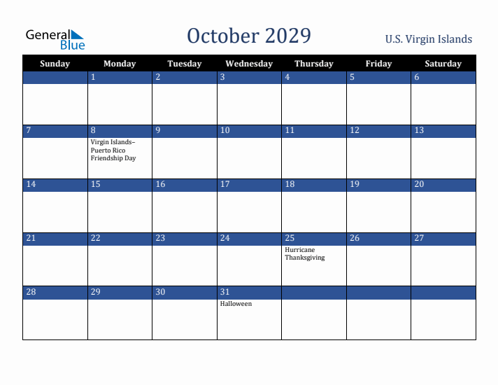 October 2029 U.S. Virgin Islands Calendar (Sunday Start)