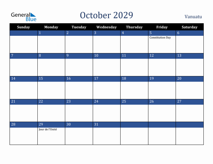 October 2029 Vanuatu Calendar (Sunday Start)