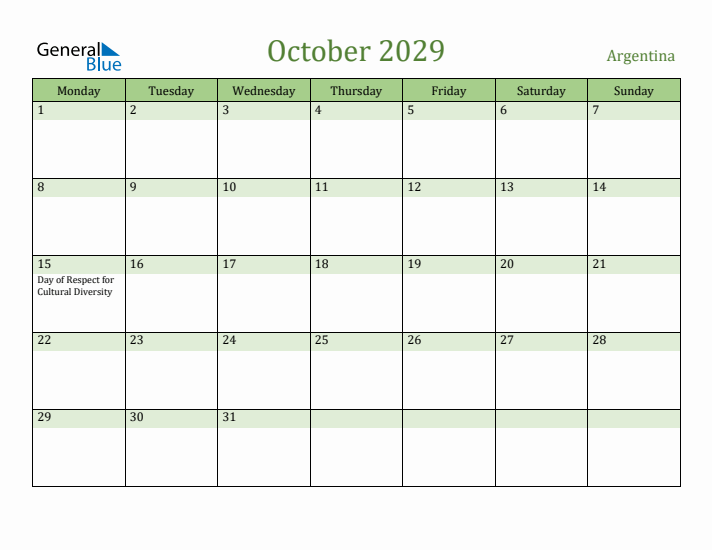 October 2029 Calendar with Argentina Holidays
