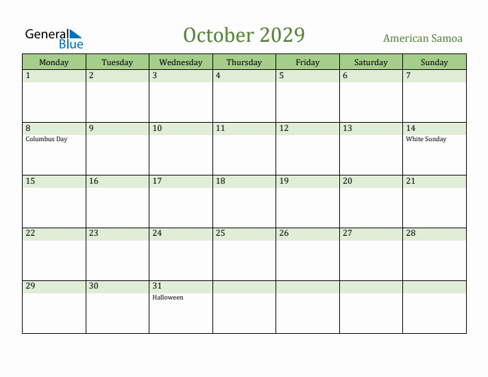 October 2029 Calendar with American Samoa Holidays