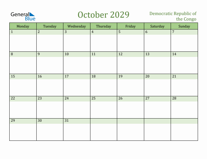 October 2029 Calendar with Democratic Republic of the Congo Holidays