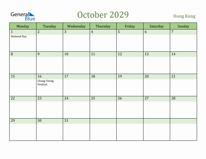 October 2029 Calendar with Hong Kong Holidays