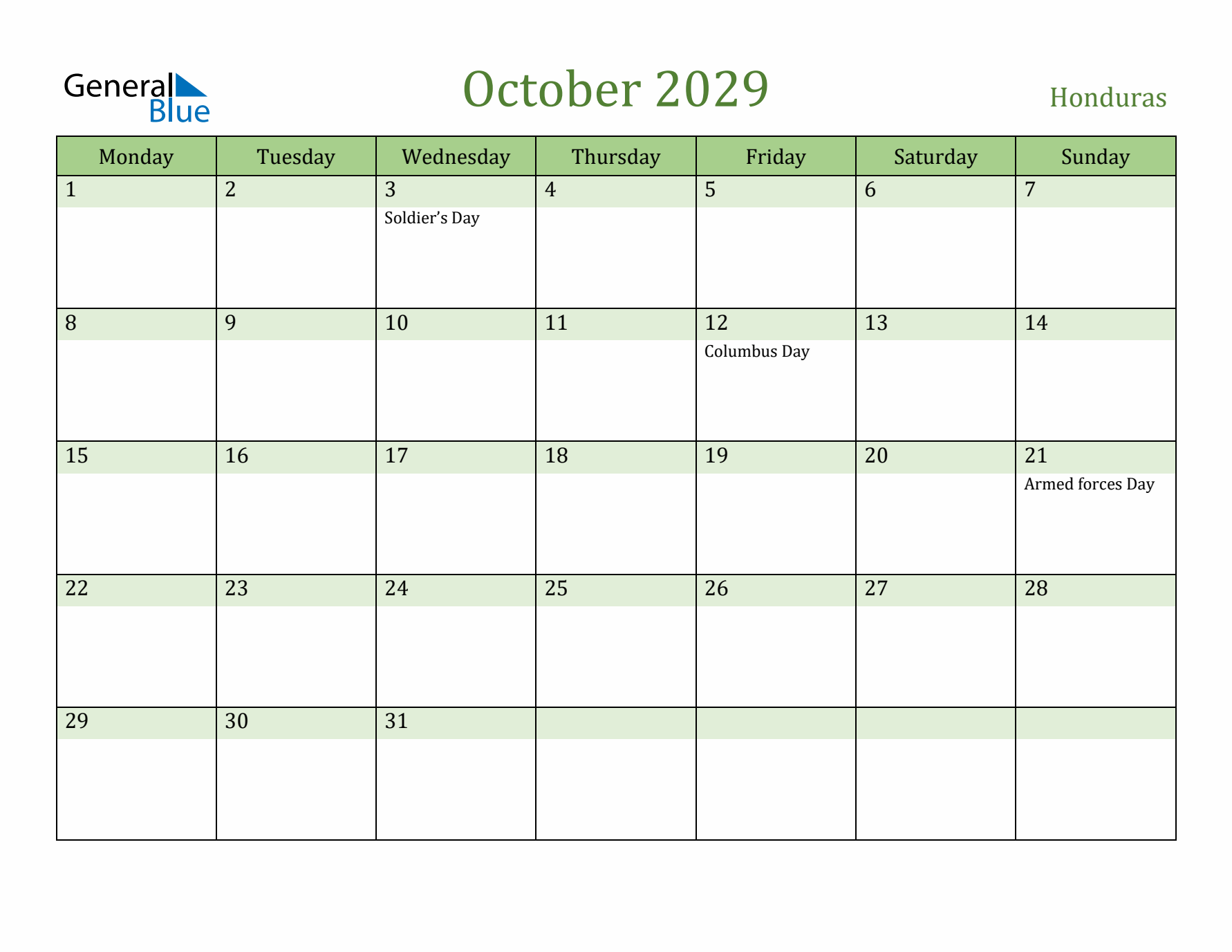 October 2029 Calendar with Honduras Holidays