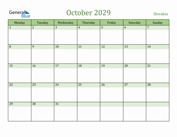 October 2029 Calendar with Slovakia Holidays