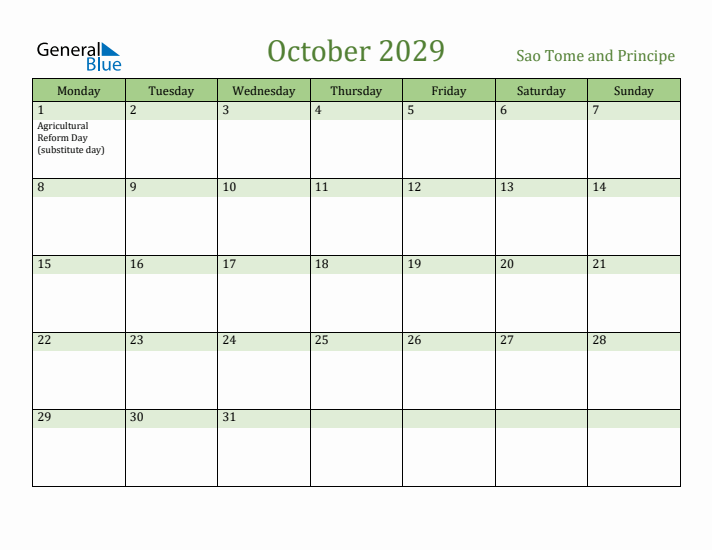 October 2029 Calendar with Sao Tome and Principe Holidays