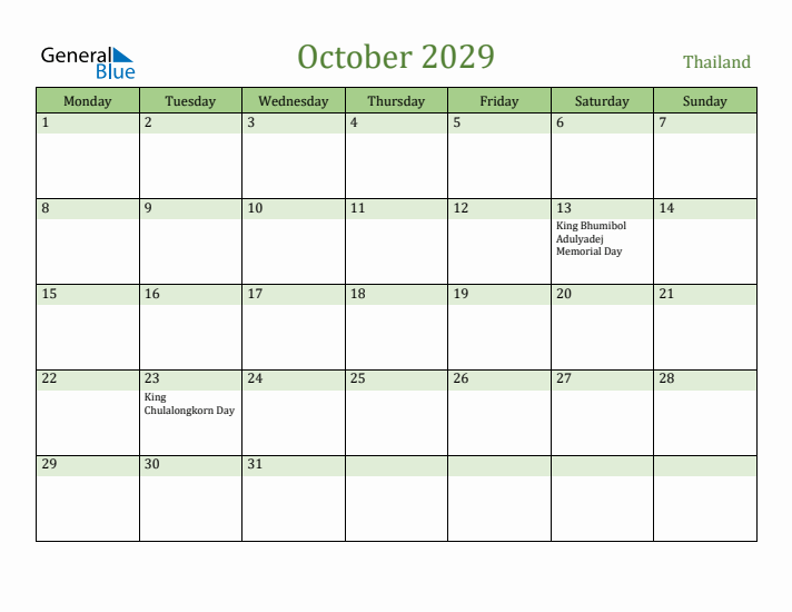 October 2029 Calendar with Thailand Holidays
