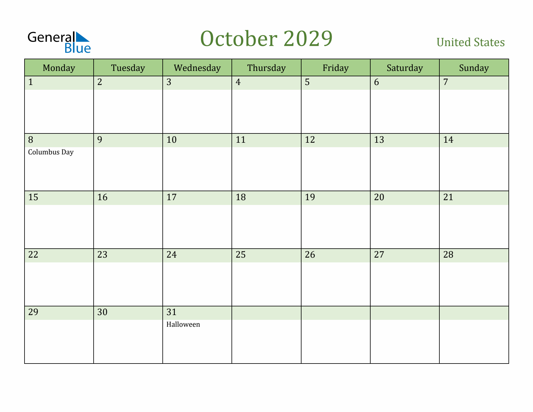 October 2029 Calendar with United States Holidays