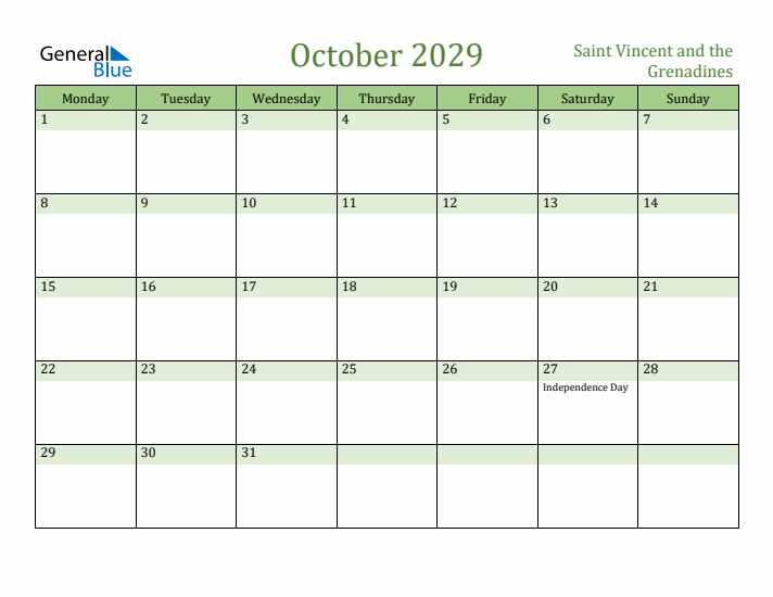 October 2029 Calendar with Saint Vincent and the Grenadines Holidays