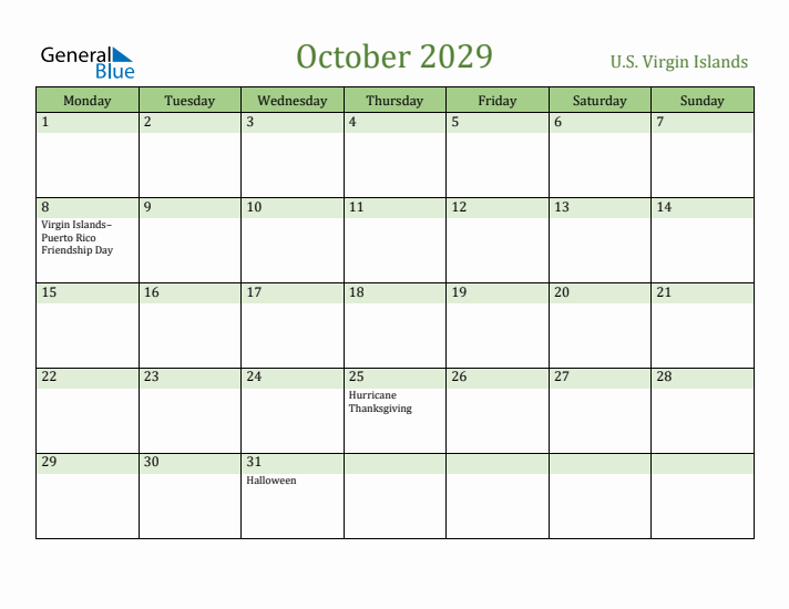 October 2029 Calendar with U.S. Virgin Islands Holidays