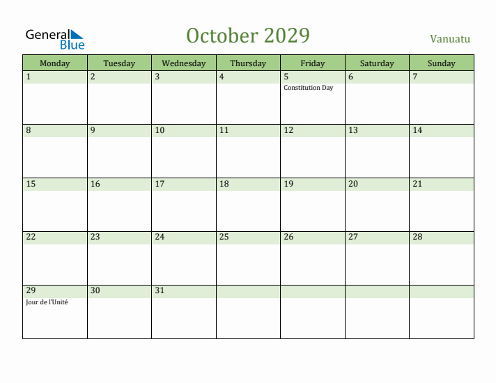 October 2029 Calendar with Vanuatu Holidays