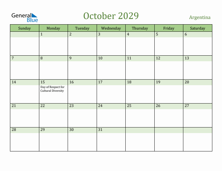 October 2029 Calendar with Argentina Holidays