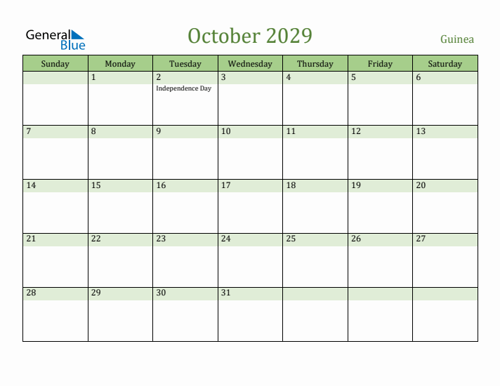 October 2029 Calendar with Guinea Holidays
