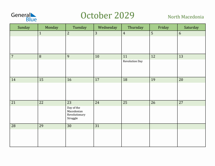 October 2029 Calendar with North Macedonia Holidays