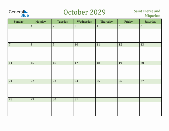 October 2029 Calendar with Saint Pierre and Miquelon Holidays
