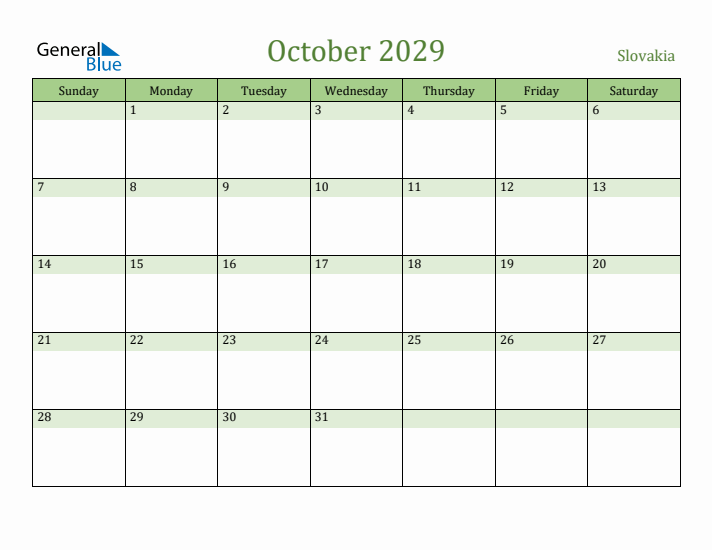 October 2029 Calendar with Slovakia Holidays
