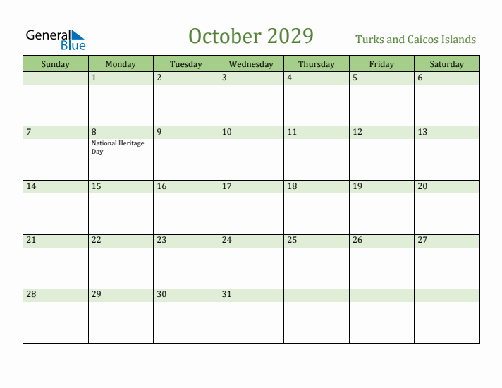 October 2029 Calendar with Turks and Caicos Islands Holidays