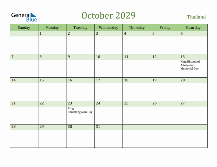 October 2029 Calendar with Thailand Holidays