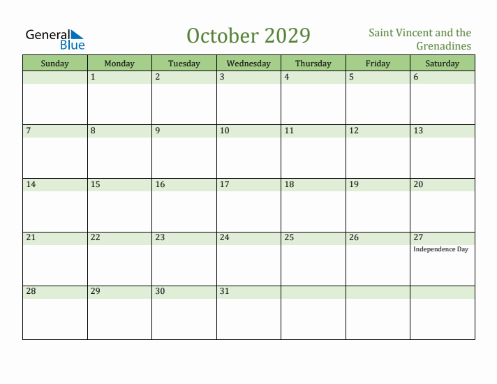 October 2029 Calendar with Saint Vincent and the Grenadines Holidays