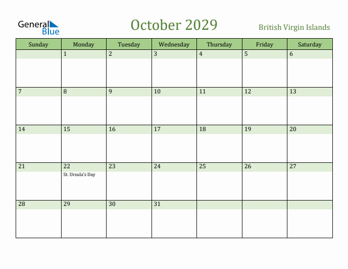 October 2029 Calendar with British Virgin Islands Holidays