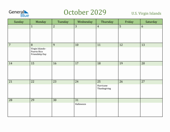 October 2029 Calendar with U.S. Virgin Islands Holidays