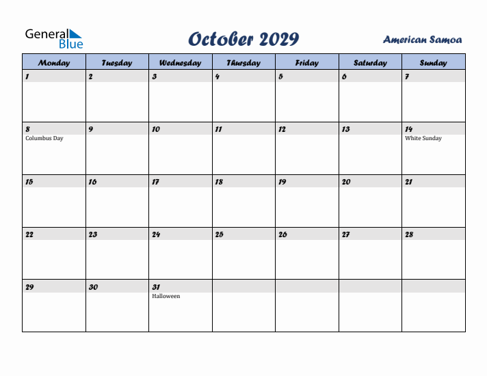 October 2029 Calendar with Holidays in American Samoa