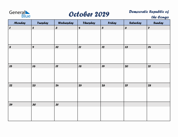 October 2029 Calendar with Holidays in Democratic Republic of the Congo