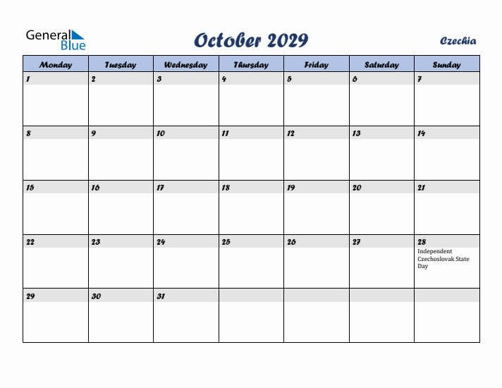 October 2029 Calendar with Holidays in Czechia