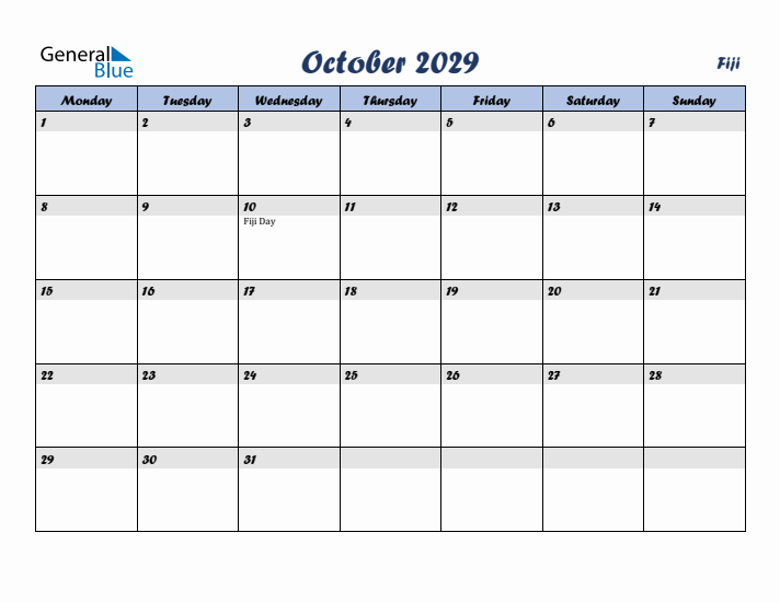 October 2029 Calendar with Holidays in Fiji