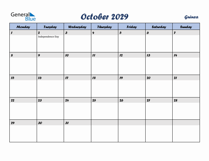 October 2029 Calendar with Holidays in Guinea
