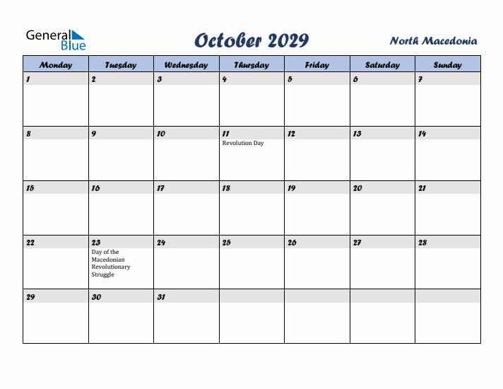 October 2029 Calendar with Holidays in North Macedonia