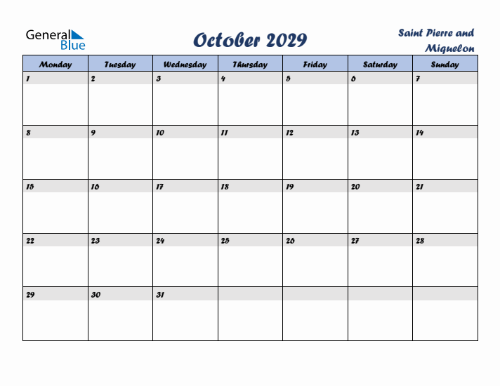 October 2029 Calendar with Holidays in Saint Pierre and Miquelon