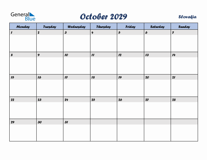 October 2029 Calendar with Holidays in Slovakia