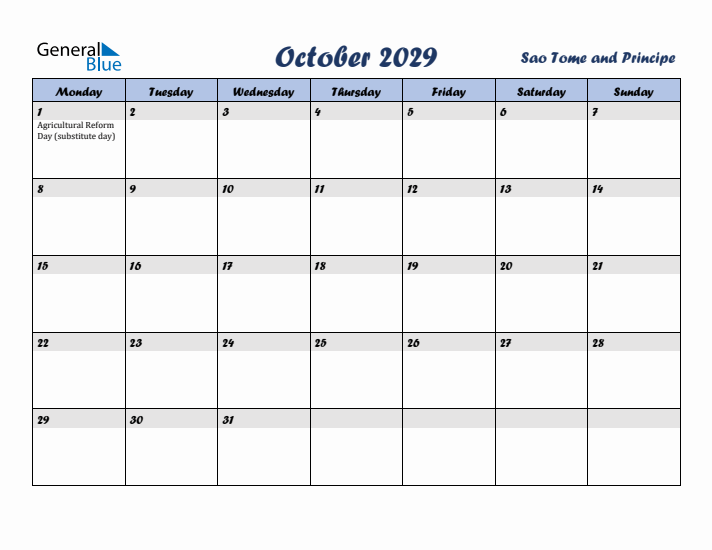 October 2029 Calendar with Holidays in Sao Tome and Principe