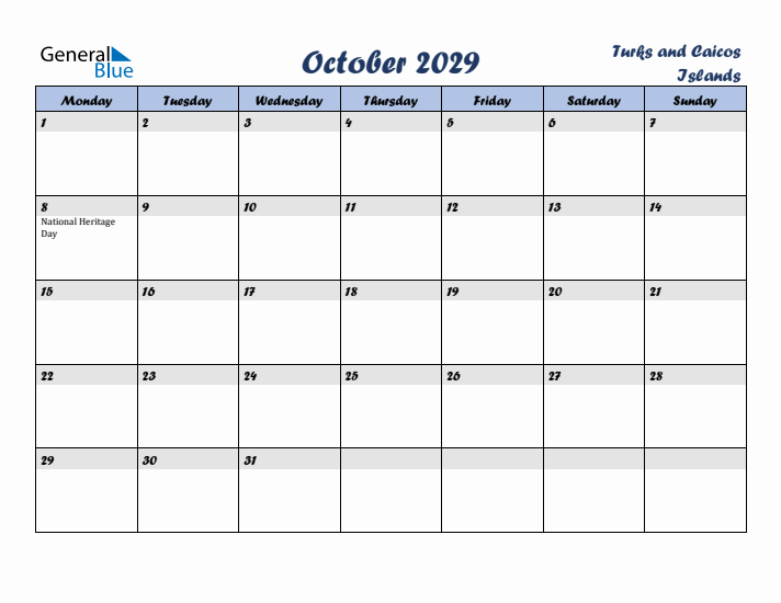 October 2029 Calendar with Holidays in Turks and Caicos Islands