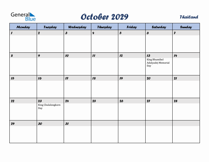 October 2029 Calendar with Holidays in Thailand