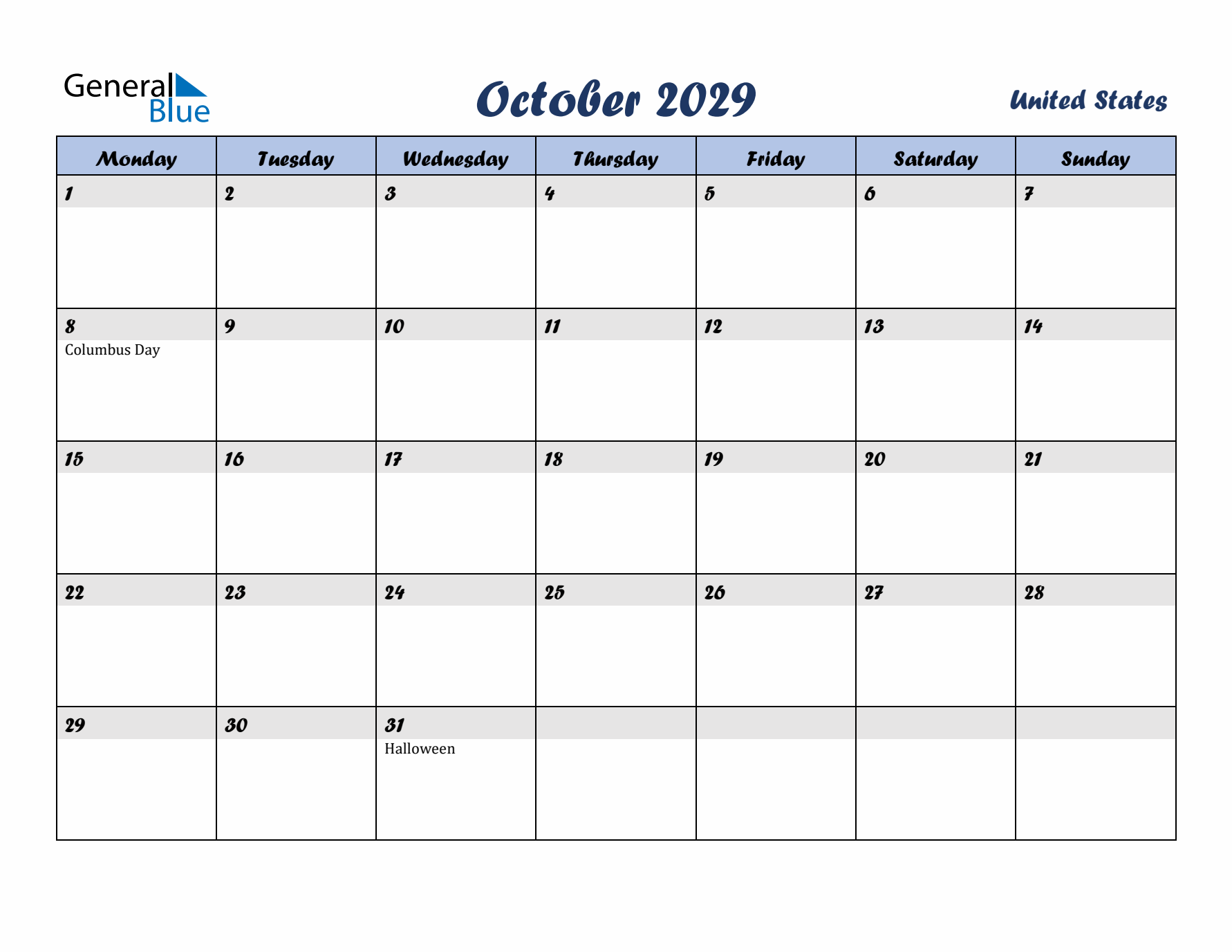 October 2029 Calendar with Holidays in United States