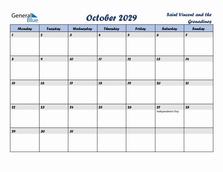 October 2029 Calendar with Holidays in Saint Vincent and the Grenadines