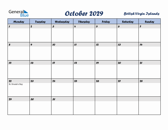 October 2029 Calendar with Holidays in British Virgin Islands
