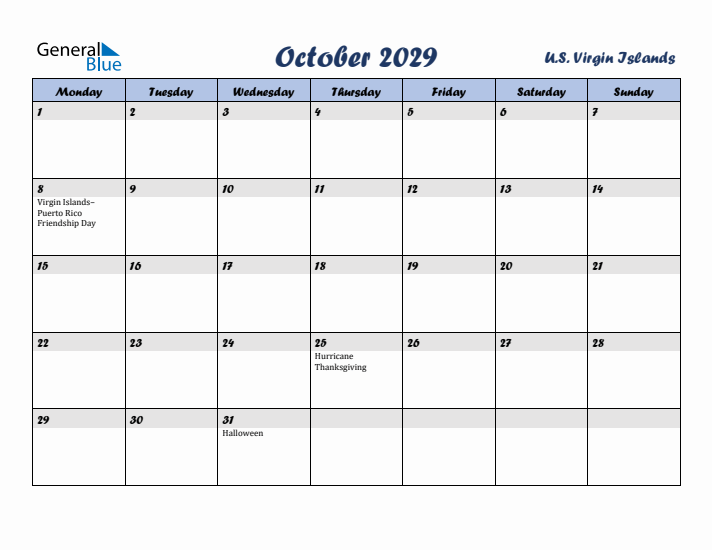 October 2029 Calendar with Holidays in U.S. Virgin Islands