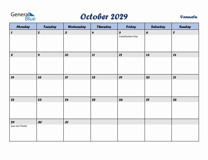 October 2029 Calendar with Holidays in Vanuatu