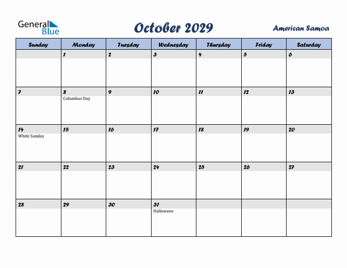 October 2029 Calendar with Holidays in American Samoa