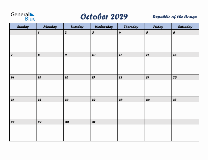 October 2029 Calendar with Holidays in Republic of the Congo