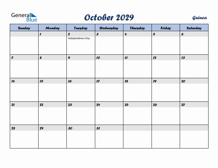 October 2029 Calendar with Holidays in Guinea