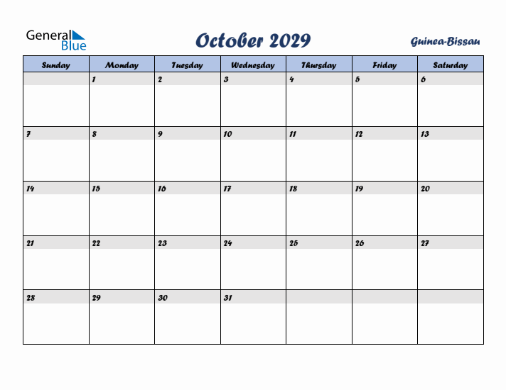 October 2029 Calendar with Holidays in Guinea-Bissau