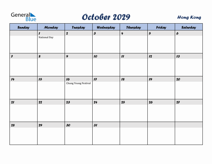 October 2029 Calendar with Holidays in Hong Kong